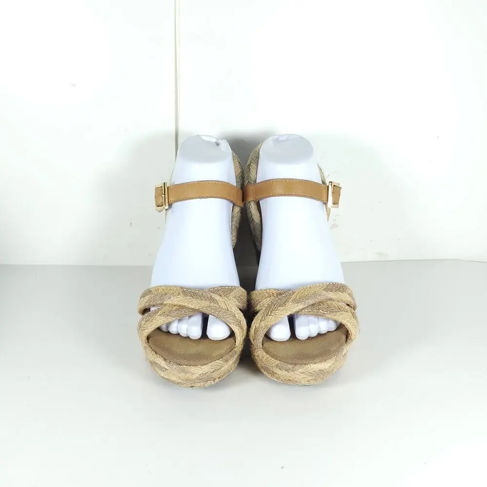 Tory Burch Camellia Women's US 8M Tan Jute Braided Rope Wedge Espadrilles